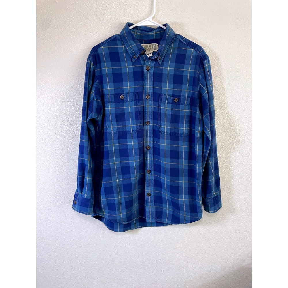 Duluth Trading Co Mens Medium Flannel Shirt Blue Plaid Trim Fit Excellent Cotton